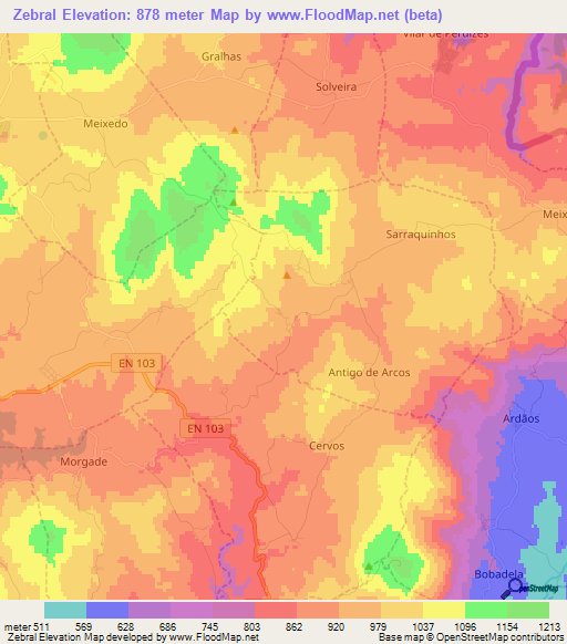 Zebral,Portugal Elevation Map