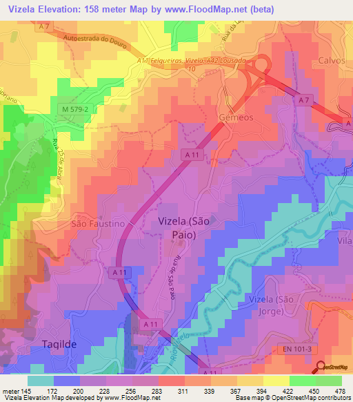 Vizela,Portugal Elevation Map
