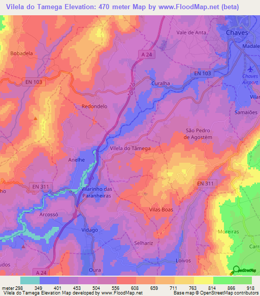 Vilela do Tamega,Portugal Elevation Map