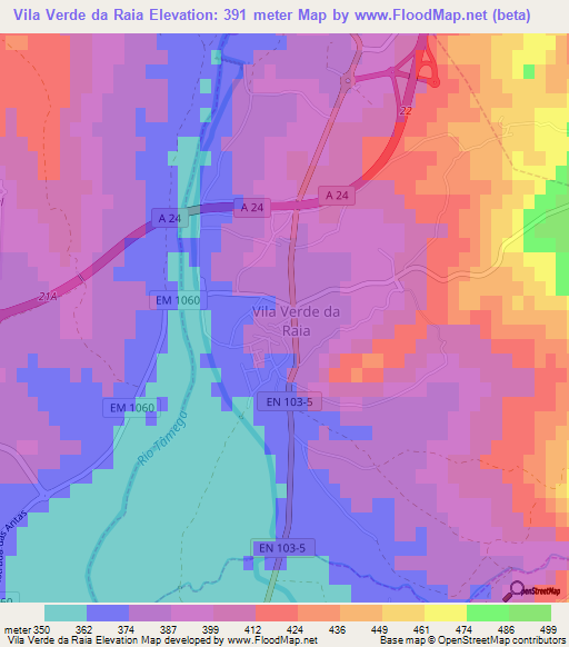 Vila Verde da Raia,Portugal Elevation Map