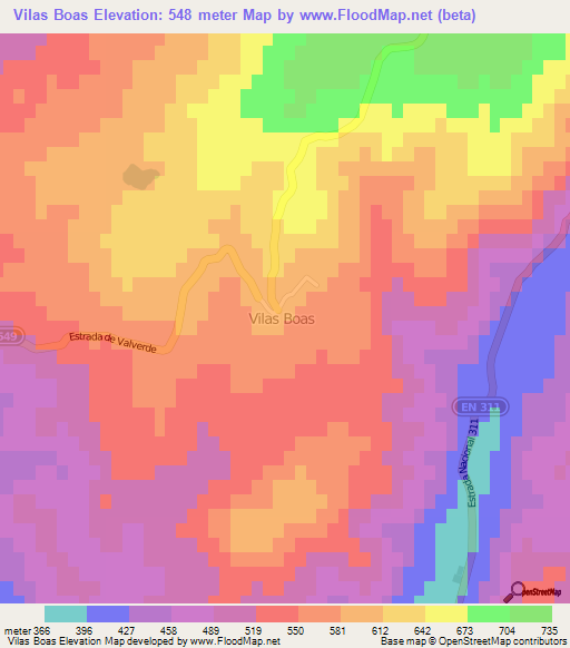 Vilas Boas,Portugal Elevation Map