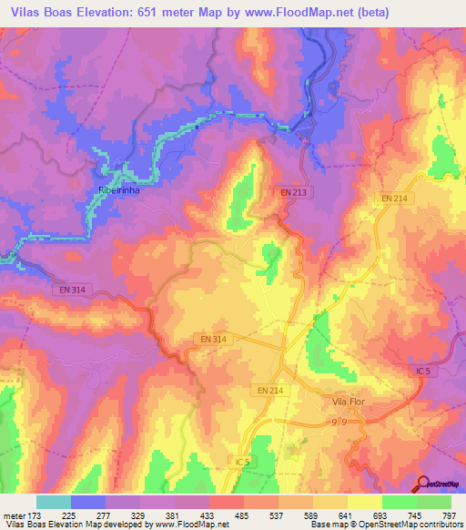 Vilas Boas,Portugal Elevation Map