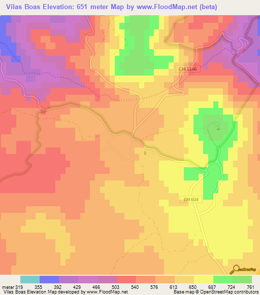 Vilas Boas,Portugal Elevation Map