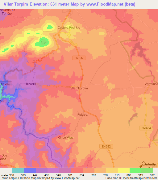 Vilar Torpim,Portugal Elevation Map