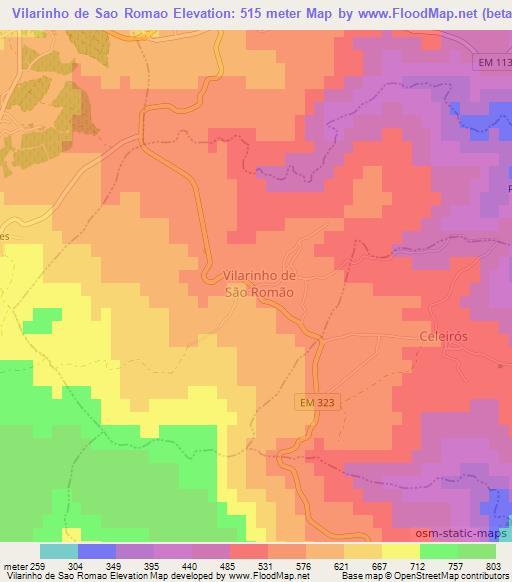 Vilarinho de Sao Romao,Portugal Elevation Map