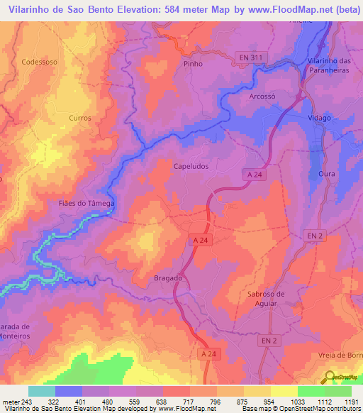 Vilarinho de Sao Bento,Portugal Elevation Map