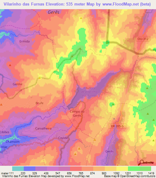 Vilarinho das Furnas,Portugal Elevation Map