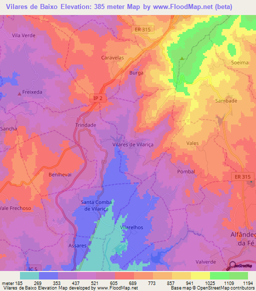 Vilares de Baixo,Portugal Elevation Map