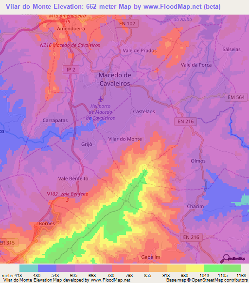 Vilar do Monte,Portugal Elevation Map