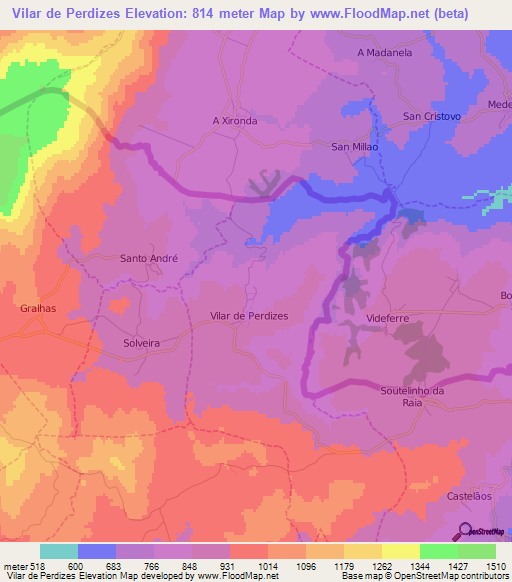 Vilar de Perdizes,Portugal Elevation Map