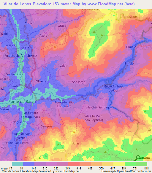 Vilar de Lobos,Portugal Elevation Map