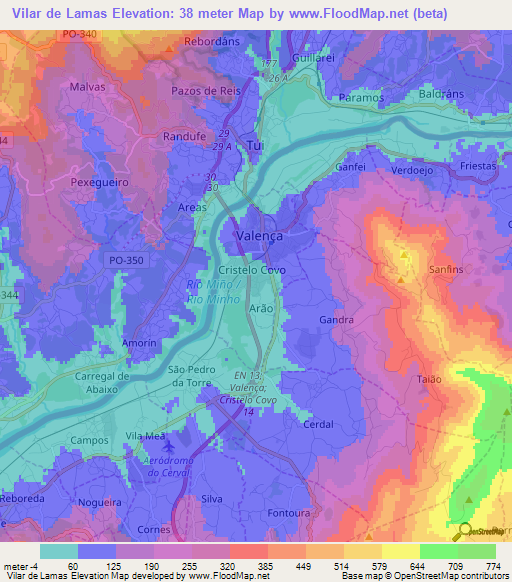 Vilar de Lamas,Portugal Elevation Map