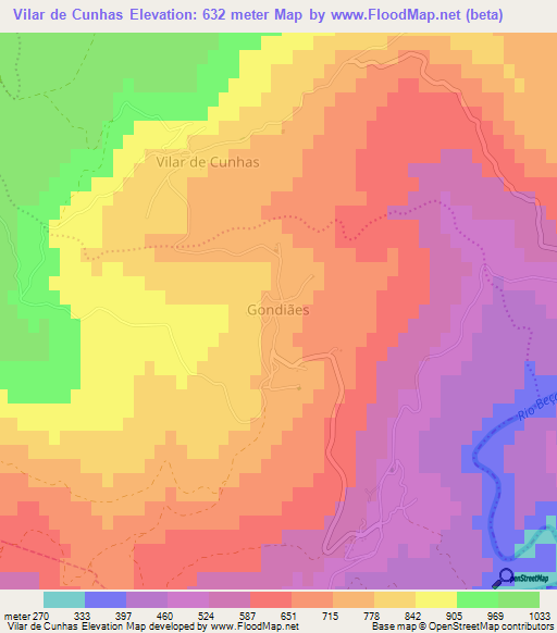 Vilar de Cunhas,Portugal Elevation Map