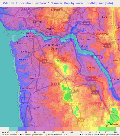 Vilar de Andorinho,Portugal Elevation Map