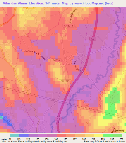 Vilar das Almas,Portugal Elevation Map