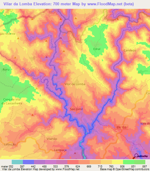 Vilar da Lomba,Portugal Elevation Map