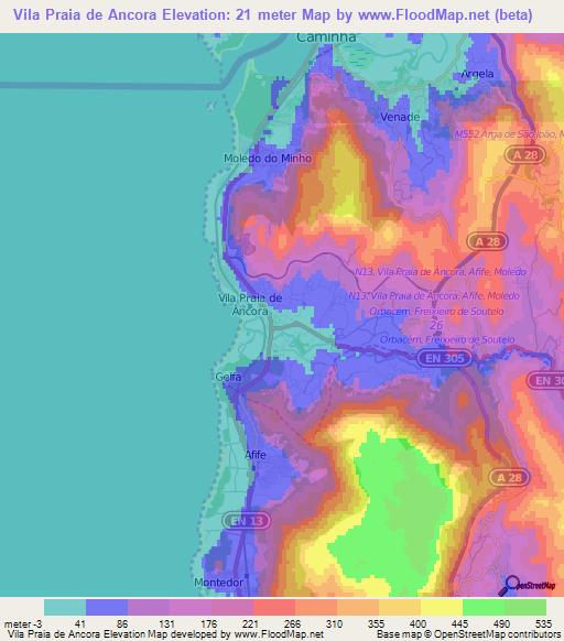 Vila Praia de Ancora,Portugal Elevation Map