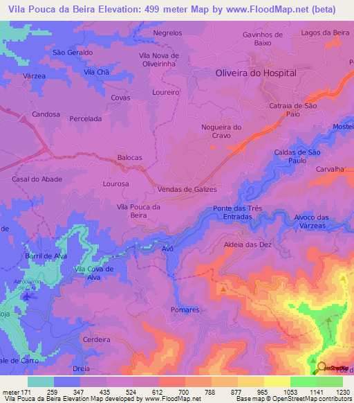 Vila Pouca da Beira,Portugal Elevation Map