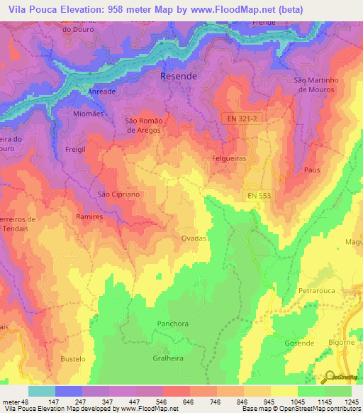 Vila Pouca,Portugal Elevation Map