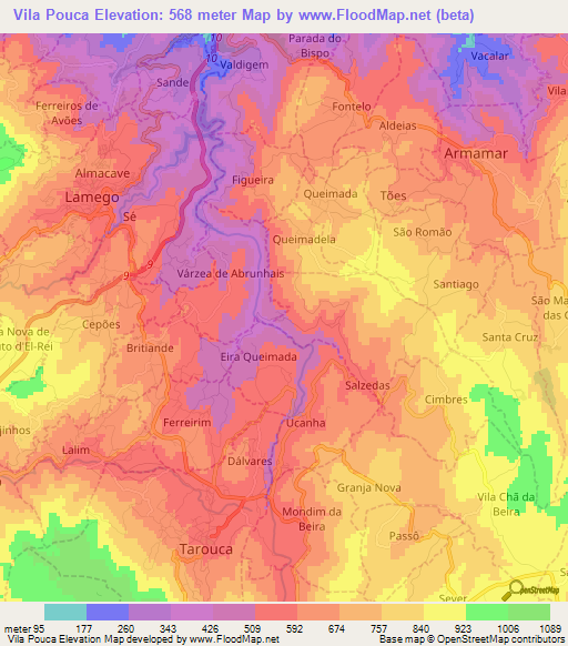 Vila Pouca,Portugal Elevation Map