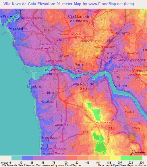 Vila Nova de Gaia,Portugal Elevation Map