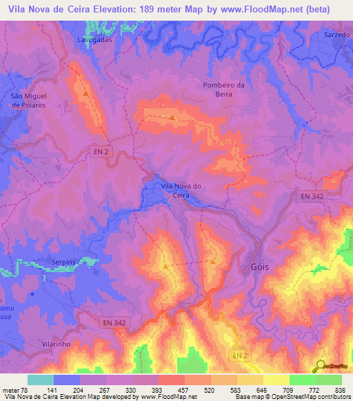 Vila Nova de Ceira,Portugal Elevation Map