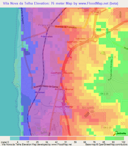 Vila Nova da Telha,Portugal Elevation Map