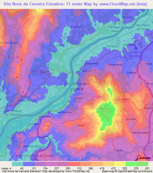 Vila Nova da Cerveira,Portugal Elevation Map