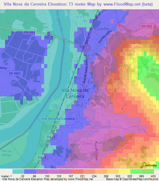 Vila Nova da Cerveira,Portugal Elevation Map