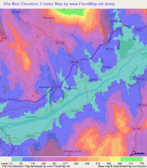 Vila Mou,Portugal Elevation Map