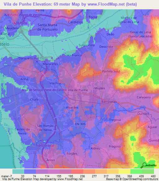 Vila de Punhe,Portugal Elevation Map