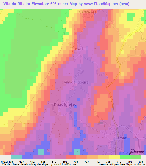 Vila da Ribeira,Portugal Elevation Map