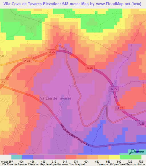 Vila Cova de Tavares,Portugal Elevation Map