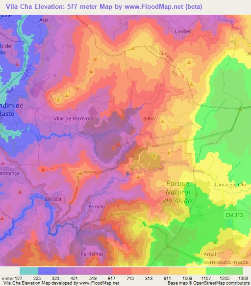 Vila Cha,Portugal Elevation Map
