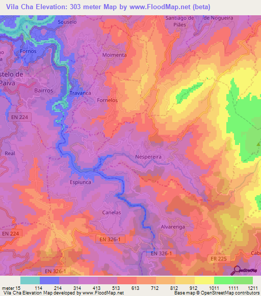 Vila Cha,Portugal Elevation Map