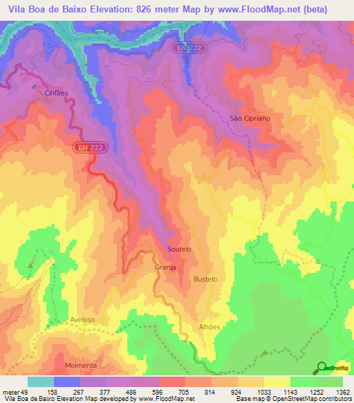 Vila Boa de Baixo,Portugal Elevation Map