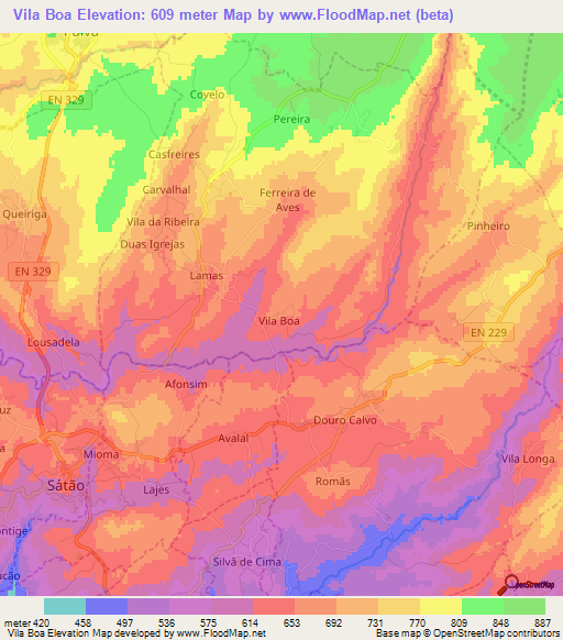 Vila Boa,Portugal Elevation Map