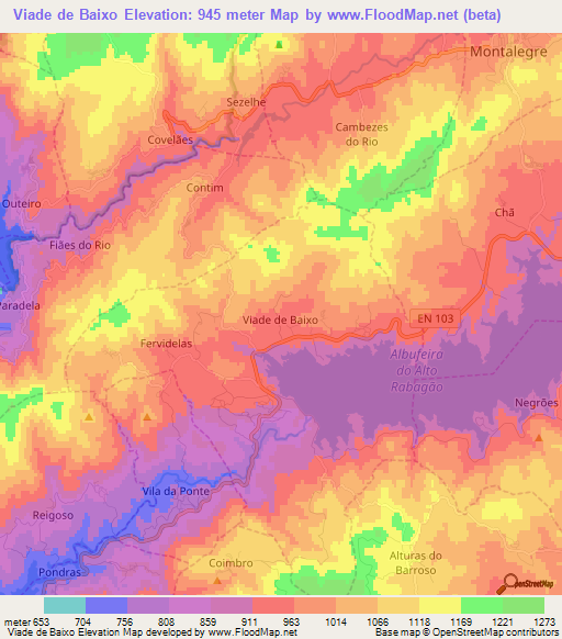 Viade de Baixo,Portugal Elevation Map