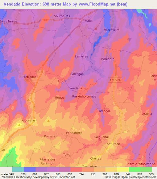 Vendada,Portugal Elevation Map