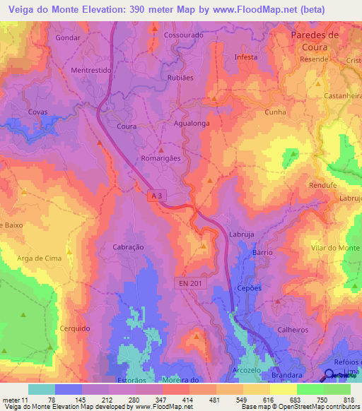 Veiga do Monte,Portugal Elevation Map