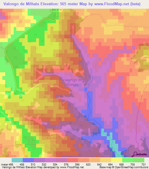 Valongo de Milhais,Portugal Elevation Map