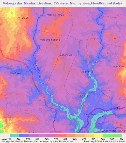 Valongo das Meadas,Portugal Elevation Map
