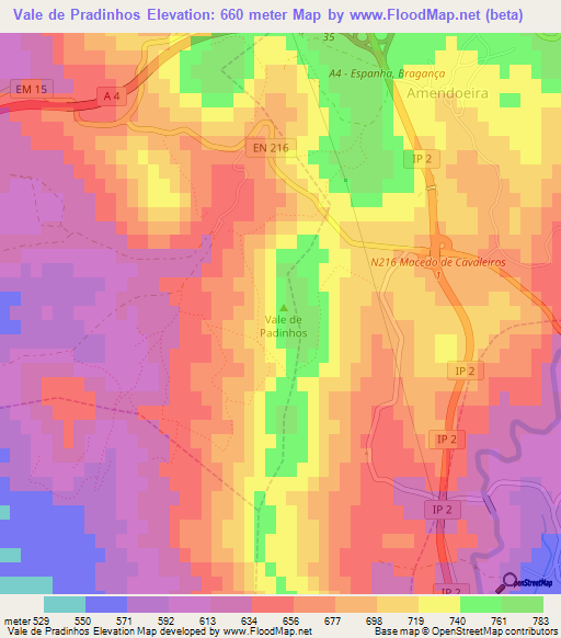 Vale de Pradinhos,Portugal Elevation Map