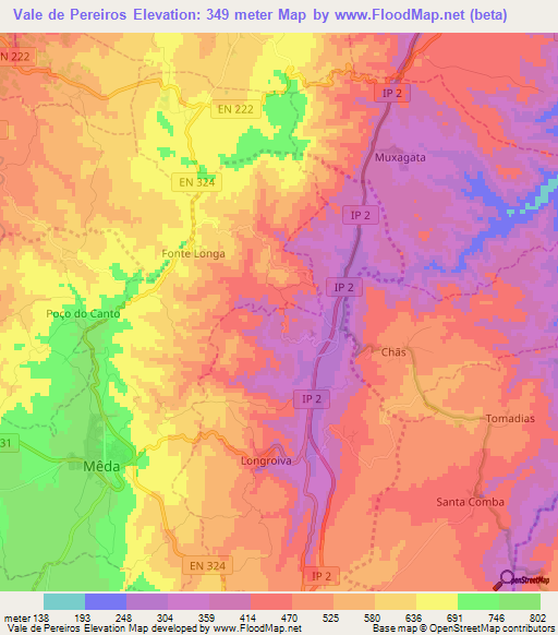 Vale de Pereiros,Portugal Elevation Map