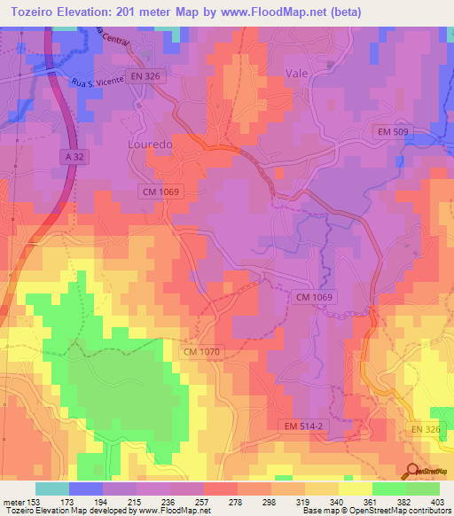 Tozeiro,Portugal Elevation Map
