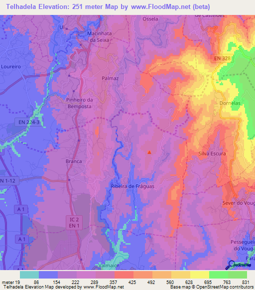 Telhadela,Portugal Elevation Map