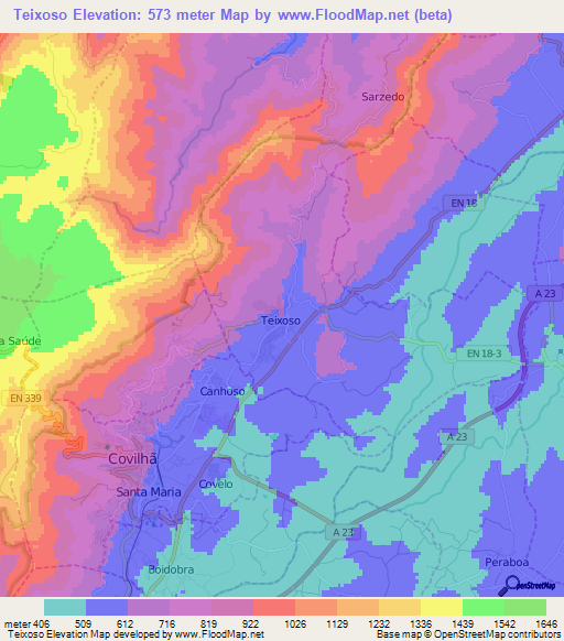 Teixoso,Portugal Elevation Map