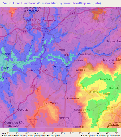 Santo Tirso,Portugal Elevation Map
