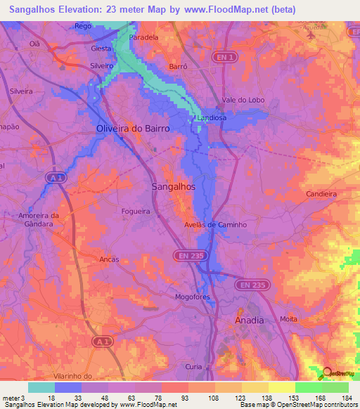 Sangalhos,Portugal Elevation Map