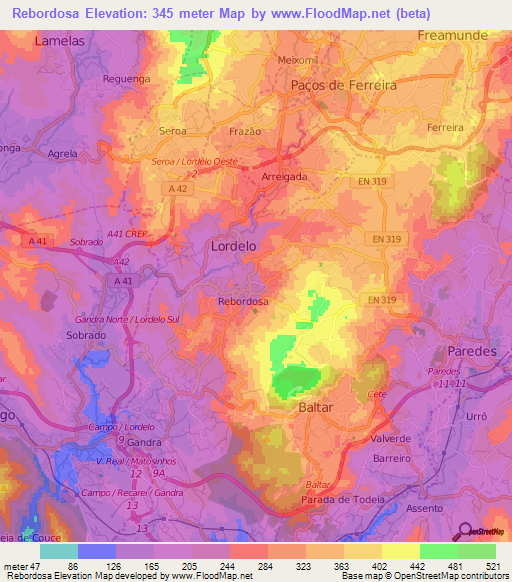 Rebordosa,Portugal Elevation Map